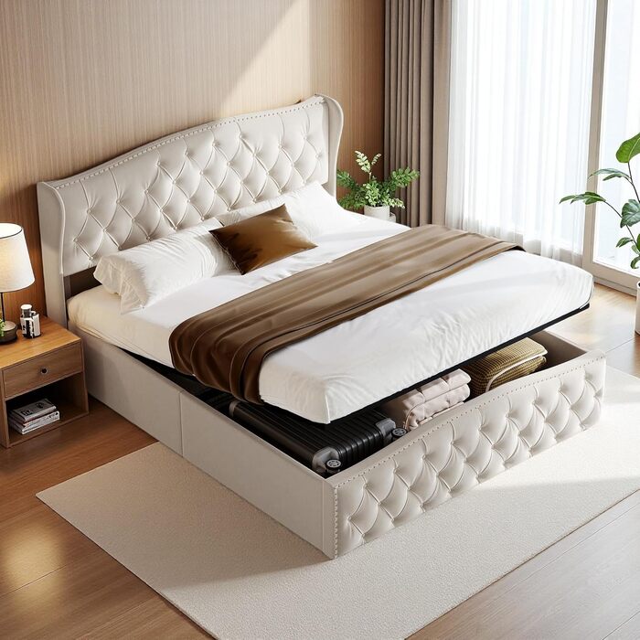 М&39яке ліжко 140x200 з місцем для зберігання, гідравлічне ліжко з місцем для зберігання, дитяче ліжко з узголів&39ям, каркас двоспального ліжка з ящиком для зберігання та рейковою основою, без матраца, оксамит (Бежевий 2, 140 x 200 см) Бежевий 2 140 x 20