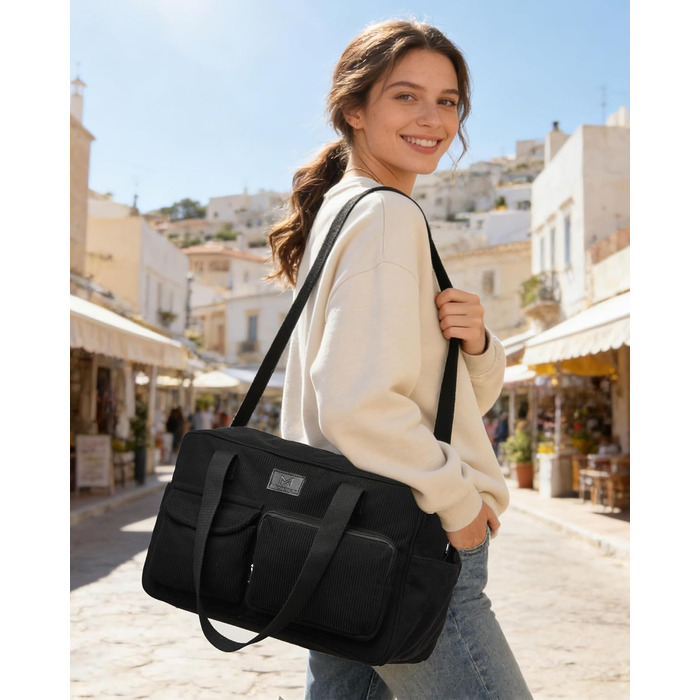 Вельветова дорожня сумка Micmores, жіноча спортивна сумка 20 л, сумка для підгузків на вихідні, ручна поклажа Ryanair 40x20x25, сумка для спортзалу, сумка для пологів з мокрим ПВХ-мішком для фітнесу (чорна)