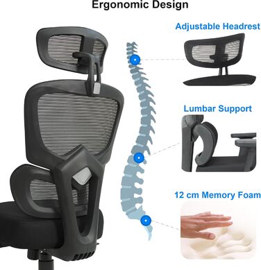 Ергономічне офісне крісло TITANO - Робоче крісло з регульованою висотою, підголівником та підлокітниками. Обертове крісло з функцією гойдання, поперековою опорою, піною з ефектом пам&39яті 12 см Вантажопідйомність 150 кг