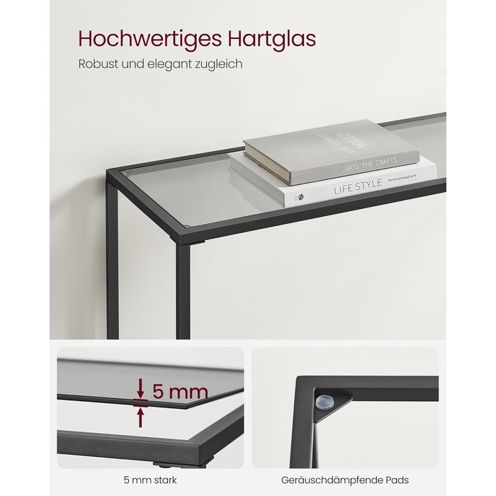 Консольний столик VASAGLE, бічний столик, стільниця із загартованого скла, сучасний диван-столик, легке складання, регульовані ніжки, вітальня, передпокій, чорно-сланцево-сірий LGT132B01 Чорно-чорний шиферно-сірий 1 рівень (20Г x 100Ш см)