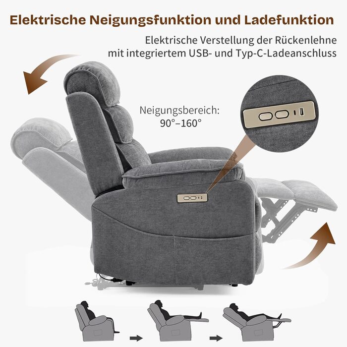 Крісло-реклайнер для телевізора LEADZM з бездротовою зарядкою, 1 порт USB, 1 порт зарядки USB-C, розкладне крісло для телевізора з масажем та підігрівом, бічні кишені, підсклянник (темно-сірий)