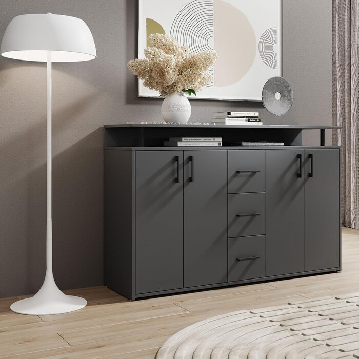 Висока комод Drift з полицею антрацитового кольору - Сучасна шафа для вітальні з шухлядами та великою кількістю місця для зберігання речей - 139 x 90 x 34 см (Ш/В/Г)