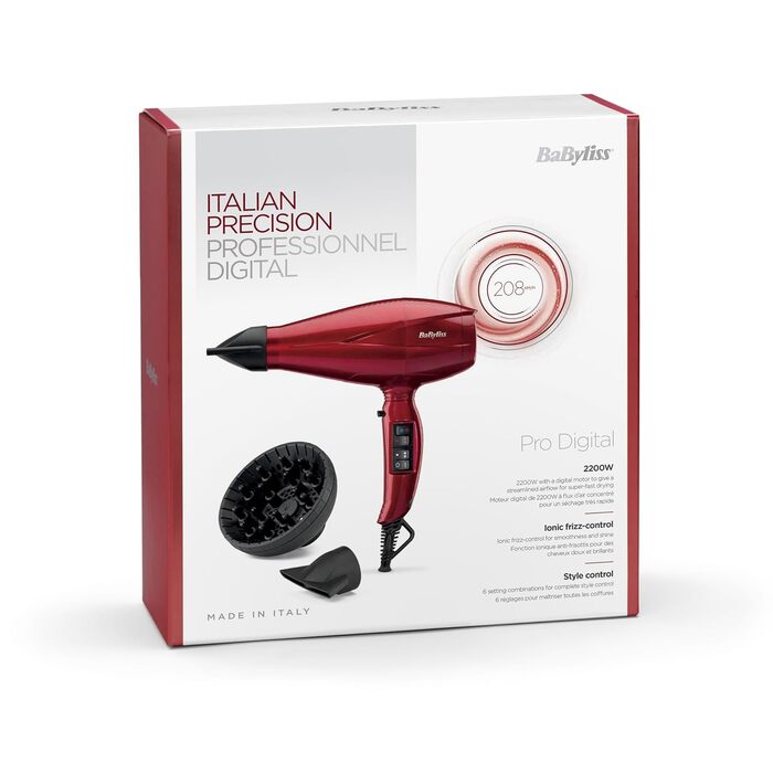 Професійний цифровий фен BaByliss Pro з дифузором 2200 Вт, ультрашвидка сушка, іонна технологія, Made in Italy, 3 температурні режими, 4 налаштування потоку повітря та кнопка Turbo, червоний, 6001DE NEW