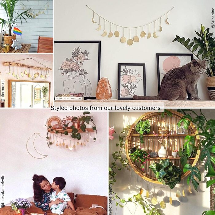 Фази Місяця Гірлянда Настінне оздоблення Ручної роботи Забитий Місяць Настінне мистецтво Бохо Місячний цикл Блискучий декор Настін