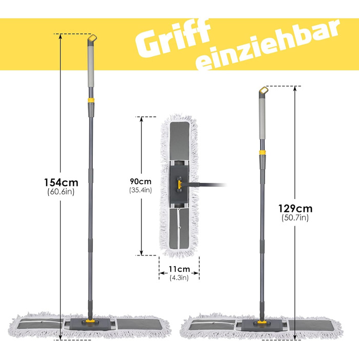 Плоска швабра HEVOL, плоска швабра з регульованою ручкою з нержавіючої сталі 154 см, велика швабра з 2 мікрофібровими насадками та