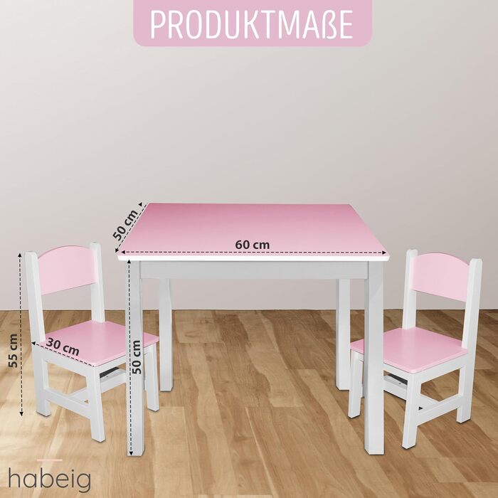 Дитячий стіл та 2 стільці habeig, дитяча група сидінь, комплект дитячих меблів, табурет, письмовий стіл, комплект столу та стільців, дитяча кімната, 60x50x50 см (рожевий/білий)
