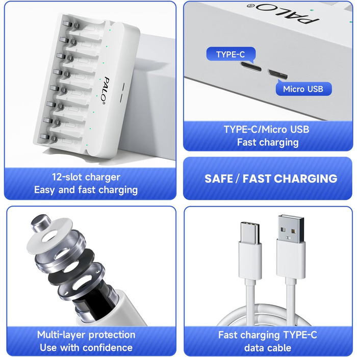 Акумуляторні батарейки типу АА із зарядним пристроєм, 8 слотів, портативна швидка зарядка USB 5V/2A для нікель-металгідридних батарей 1.2V, незалежна зарядка, 12 акумуляторних батарейок типу АА із зарядним пристроєм