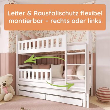 Двоярусне ліжко 90x200 см, дитяче ліжко, підліткове ліжко, двоярусне ліжко для 3 дітей, дві шухляди та поручні, що розкладається на 3 односпальні ліжка від 4 до 16 років вкл. рейкові основи білий 90x200 см, білий - Стиль 1