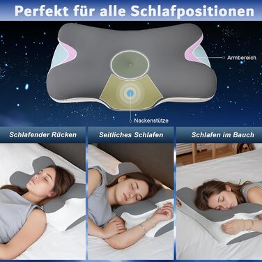Ортопедична подушка для шиї з піни з ефектом пам&39яті, ергономічна порожниста конструкція для сну на боці, спині та животі, сірого кольору