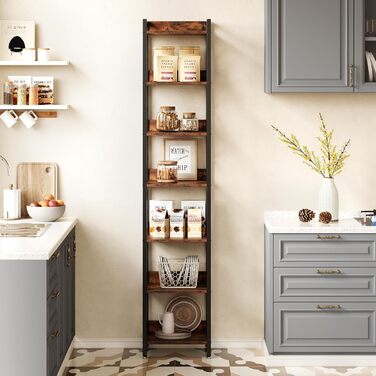 Ярусна книжкова полиця LITTLE TREE, полиця на одному місці, окремостояча полиця, вітальня, спальня, кабінет, 35 x 35 x 200 см, промисловий дизайн, вінтажний коричнево-чорний, 7-