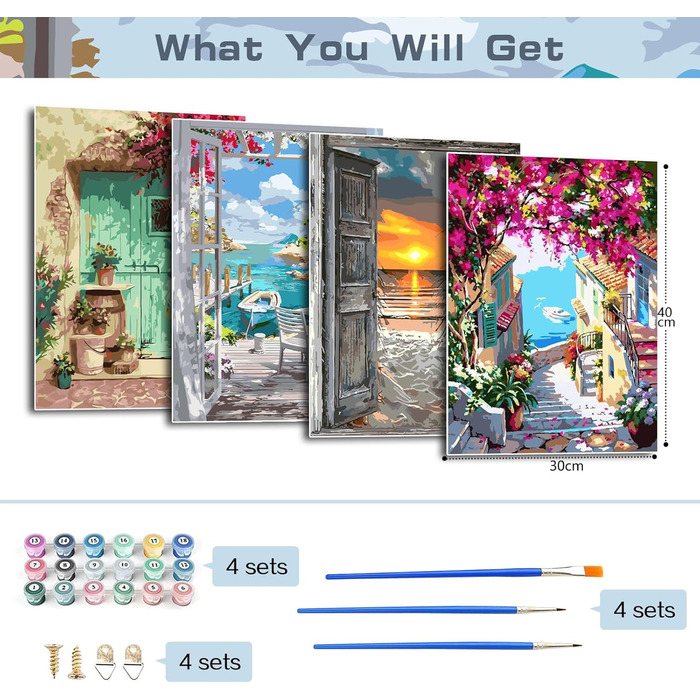 Картина за номерами для дорослих, 4 елементи Картина за номерами Пейзаж з пензлями Акриловий пігмент для дітей та початківців (30 х 40 см)
