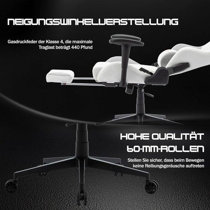 Ігрове крісло, біла шкіра, ігрове крісло з мікрофібри з підставкою для ніг, гоночне ігрове крісло з регульованими підлокітниками, поперекова подушка, підголівник, вантажопідйомність 180 кг, штучна замша - сталеві ніжки, білі