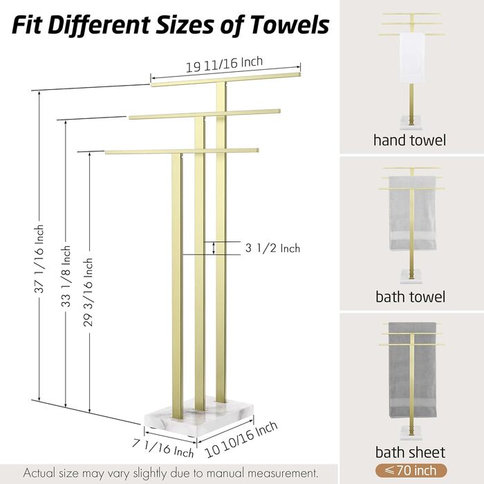 Вішалка для рушників KES, золотого кольору, тримач для рушників з 3 шт. ангами, окремостояча підставка для рушників, мармур та нержавіюча сталь 18/8, матове золото BTH217S3-BZ
