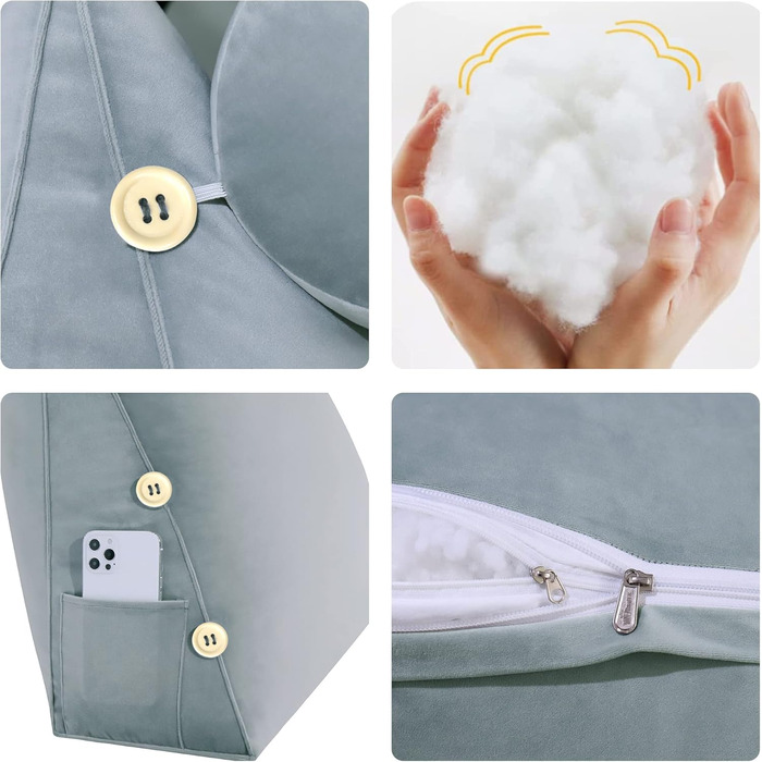 Подушка для спини Johnear зі знімним валиком для шиї, м&39яка оксамитова подушка для шиї, подушка для дивана, подушка для книги, подушка для читання, трикутна клиноподібна подушка, підтримка шиї (сіра, 60 см) Оксамитова сіра подушка для шиї 60 x 22 x 50 с