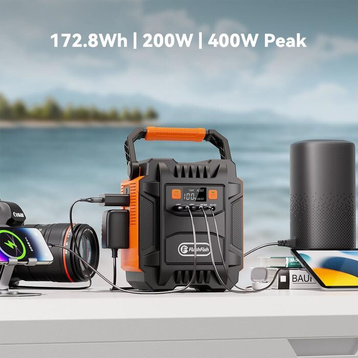 Портативна електростанція FlashFish потужністю 200 Вт із сонячною панеллю 100 Вт, сонячний генератор потужністю 172,8 Втгод зі світлодіодним підсвічуванням, вихід чистої синусоїди 230 В змінного струму, аварійний блок живлення від акумулятора для кемпінгу