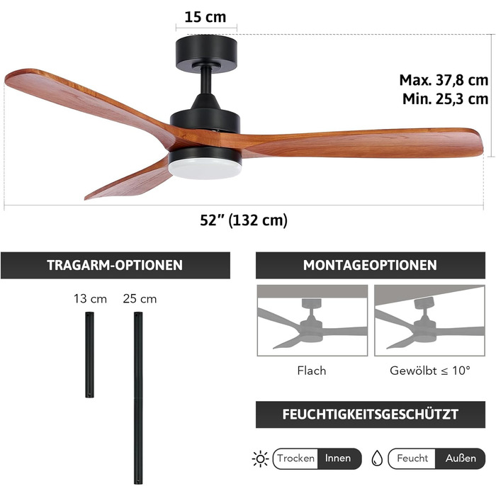 Стельовий вентилятор CO-Z з пультом дистанційного керування 52-дюймовий дерев'яний вентилятор Світлодіодне світло Робота влітку та взимку Тихий двигун постійного струму для внутрішнього та зовнішнього покриття