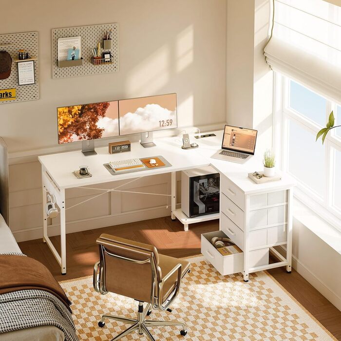 Кутовий письмовий стіл ODK з 4 шухлядами, 135100 см L-подібний стіл з розеткою та портом зарядки USB, двосторонній стіл з місцем для зберігання для домашнього офісу, білий колір 135 100 см