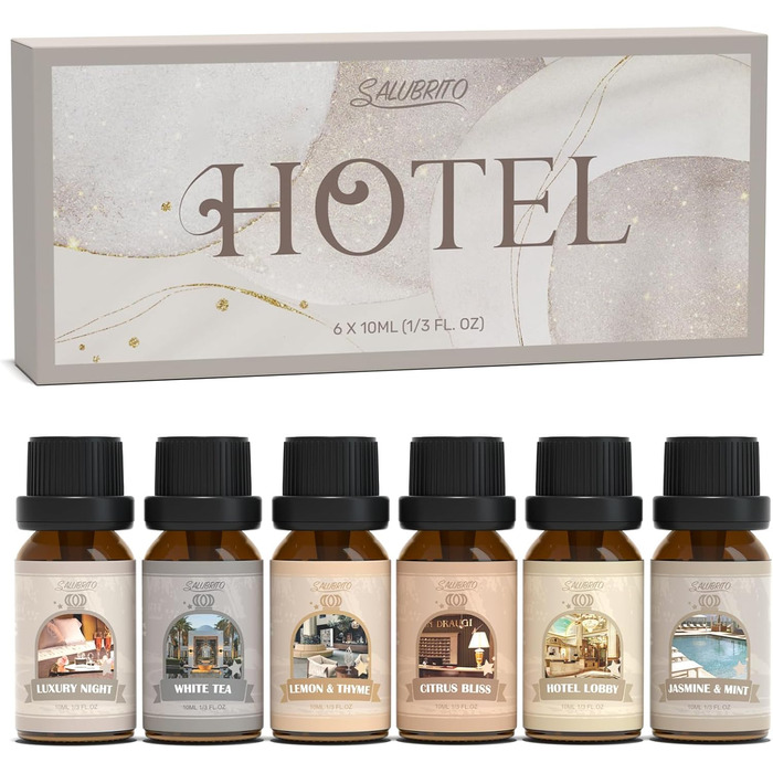 Набір ефірних олій готелю SALUBRITO, розкішна ароматерапевтична ароматична олія для дифузора, виготовлення свічок, розкішна ніч, білий чай, лимон і чебрець, цитрусове блаженство, лобі готелю, ароматична олія жасмину та мяти
