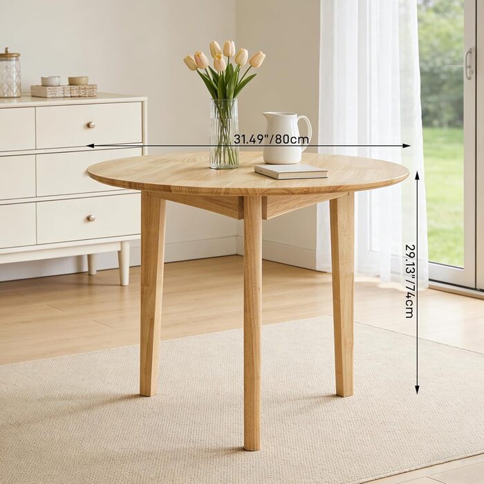 Круглий обідній стіл QLLY з масиву дерева, кухонний стіл, дерев&39яний стіл, плоскі ніжки (натуральний, 80 см, бежевий-круглий, 80 x 80 см)