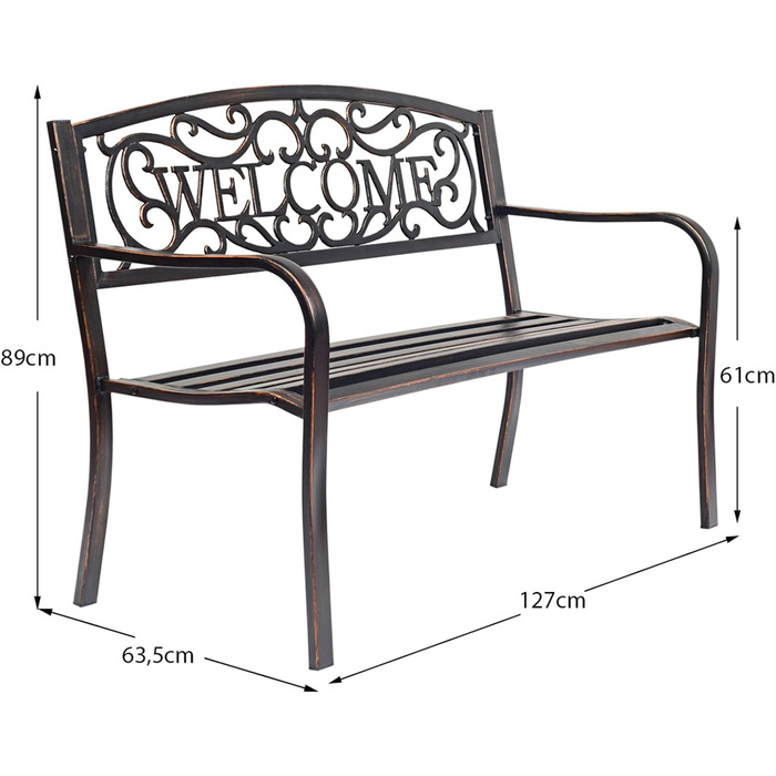 Садова лавка COSTWAY металева, Чавунна лавка на 2-3 місця, Паркова лавка зі спинкою та підлокітником, Металева лава, Залізна лавка для саду, тераси, балкона, 127 x 63.5 x 89 см, Бронза