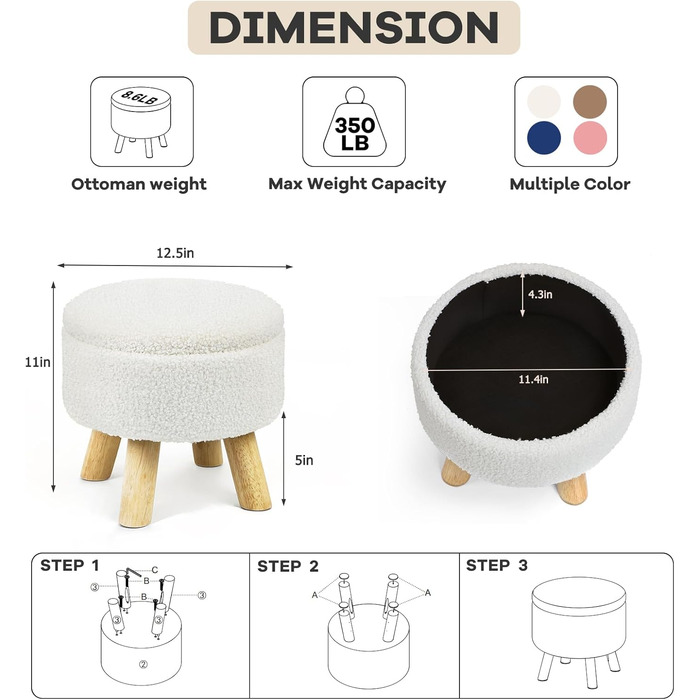 Пуф-підставка для ніг, маленький круглий пуф з місцем для зберігання, пуф з букле плюшевого оксамиту з дерев&39яними ніжками, м&39який пуф з місцем для зберігання для вітальні, спальні, (кремовий) (кремовий)