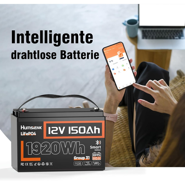 Акумулятор Humsienk 12V 150Ah LiFePO4 з Bluetooth, 110A BMS 1920Wh глибокого циклу літієвої батареї, захист від низьких температур, ідеально підходить для автофургонів, тролінгових моторів, яхт, човнів 12V 150AH-Bluetooth