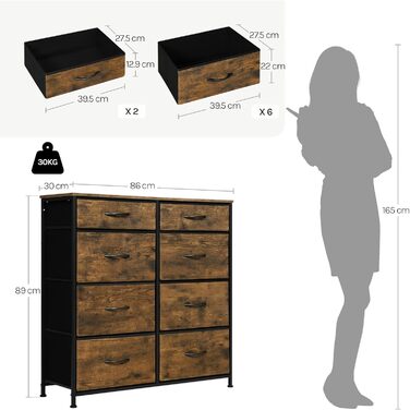 Комод WOLTU з 8 тканинними шухлядами, міцний металевий каркас, вінтажний дизайн, для спальні, вітальні, коридору, дитячої кімнати, 86x30x89 см, вінтажний коричневий чорний, SSK006hov Вінтажний коричневий чорний 8 тканинних шухляд