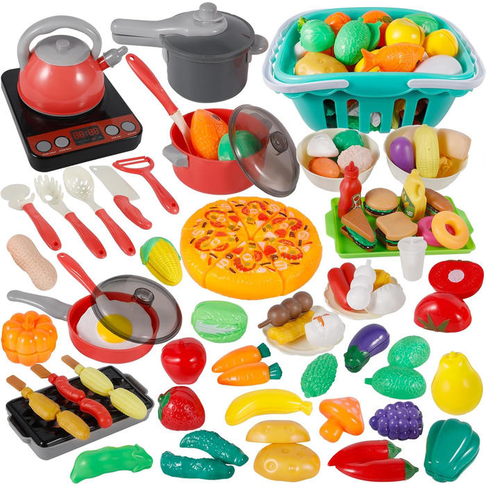 Кухонні іграшки для дітей, 108PCS Kids Kitchen Play кухонні аксесуари, харчові іграшки різання фруктів овочів рольові ігри розвиваючі іграшки, з кошиком, подарунок для дітей 3 років і старше