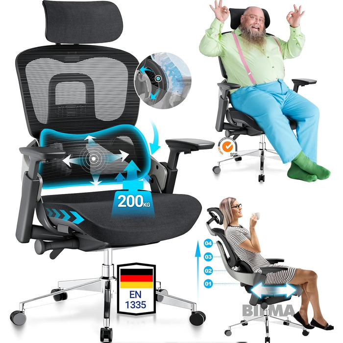 Офісне крісло ReliefBack Master 200 кг Переможець ергономічного тесту Синхронне регулювання 5-позиційна регульована спинка Регульована глибина сидіння 4D підлокітники Офісне крісло з 3D підголівником, чорне (ReliefBack Master)