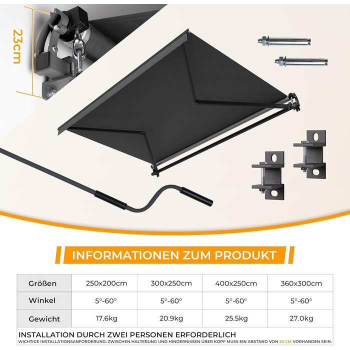 Складана тентована маркіза з ручним керуванням, 300x250 см, антрацит, сонцезахисна тентована маркіза, тентована для патіо, регулювання кута нахилу (5-60), балконна тентована маркіза з водонепроникним покриттям, настінне кріплення в комплекті, 300x250 см а