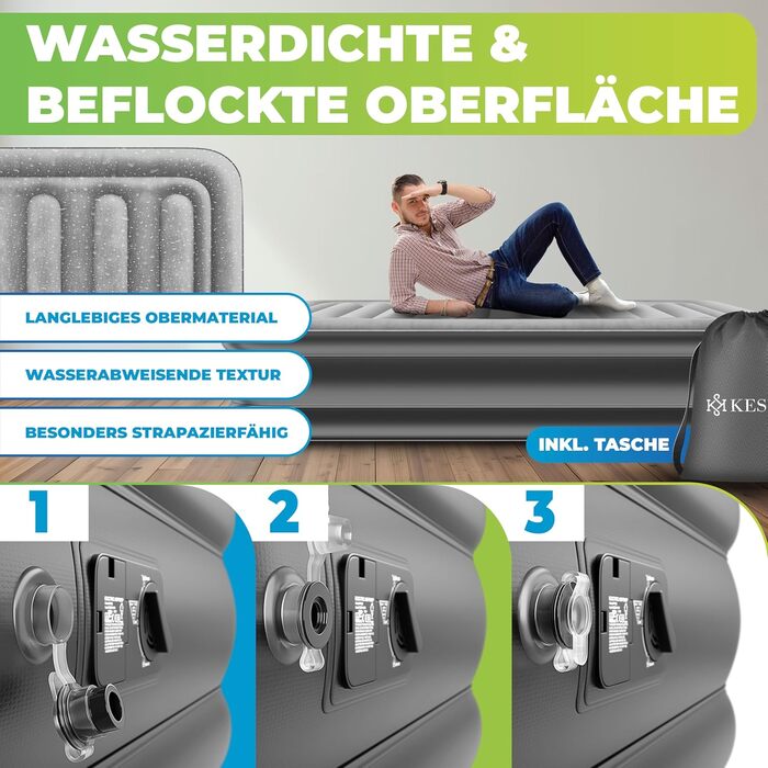 Надувний матрац KESSER, самонадувальне гостьове ліжко з вбудованим електричним насосом, повітряний матрац для кемпінгу або домашнього використання, з сумкою, підходить для 1 особи - 203 x 95 x 51 см, одномісний, сірий/антрацитовий