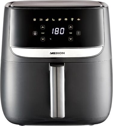 Фритюрниця MEDION E50 XL (кошик для смаження 5,7 літра, приблизно 1700 Вт, цифрова панель керування, 8 автоматичних програм, смаження без олії, таймер 30 хв, захист від перегріву, MD10532) чорний 5,7 літрів Чорний