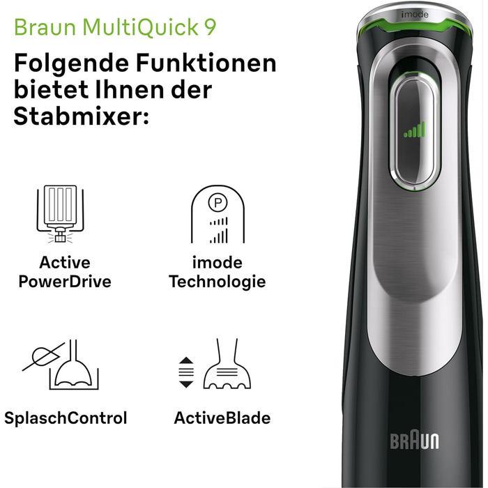 Ручний блендер Braun MultiQuick 9 MQ 9147 шт. ручний блендер з технологією Active PowerDrive і 5 аксесуарами для подрібнення, трамбування, перемішування, змішування та подрібнення льоду, 1200 Вт, чорна/нержавіюча сталь 5-в-1 з насадкою для блендера Одинар