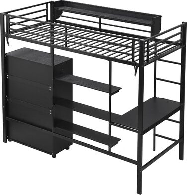 Ліжко-горище Merax 90x200 см з письмовим столом, шафою та полицею для зберігання, міцне металеве двоярусне ліжко з рейковою основою та захисними поручнями, компактне дитяче ліжко-горище, дитяче ліжко-горище, чорне 90 x 200 см, чорне - зі столом та шафою