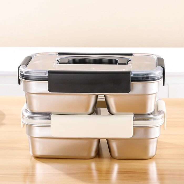 Ланчбокс з нержавіючої сталі, 1800 мл, з ручкою, герметичний, 3 відділення, придатний для використання в мікрохвильовій печі, контейнер для їжі для роботи, школи або пікніків (чорний)