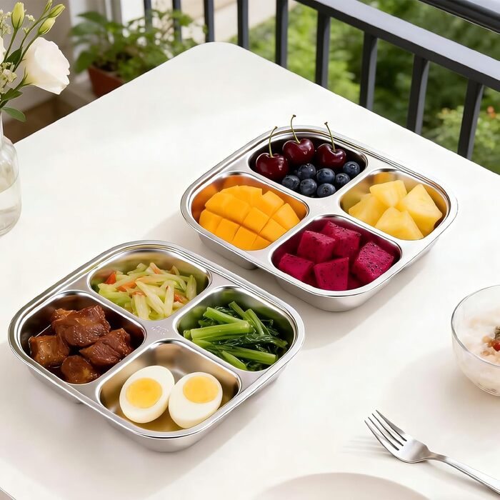 Набір з 2 контейнерів для перекусів з роздільниками, нержавіюча сталь, 17,5x17,5x4,5 см, 600 мл. Контейнер з 4 відділеннями та пластиковою кришкою, штабельовані, для зберігання їжі, сендвічів, для школи, роботи (4 відділення)