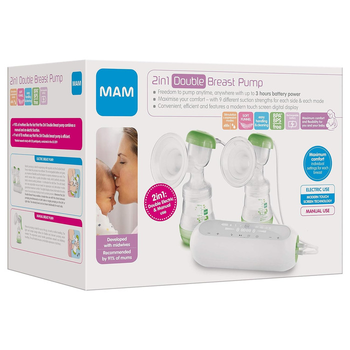 Подвійний молоковідсмоктувач MAM 2в1, гнучке використання як ручний молоковідсмоктувач або електричний молоковідсмоктувач, а також