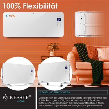 Електричний скляний конвекторний обігрівач KESSER Сенсорний екран Додаток із функцією WiFi, включаючи пульт дистанційного керування РК-дисплей Таймер Підлоговий або настінний обігрівач 2000 Вт Білий / Скляний конвектор