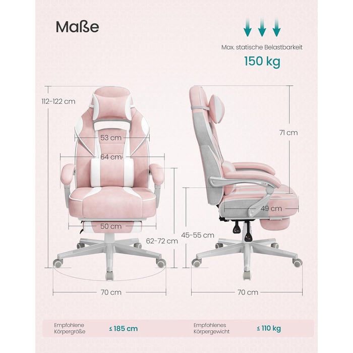 Ігрове крісло SONGMICS, офісне крісло з підставкою для ніг, робоче крісло з підголівником та поперековою подушкою, регульована висота, ергономічне, вантажопідйомність до 150 кг, пастельно-рожевий OBG073P01 пастельно-рожевий кремово-білий