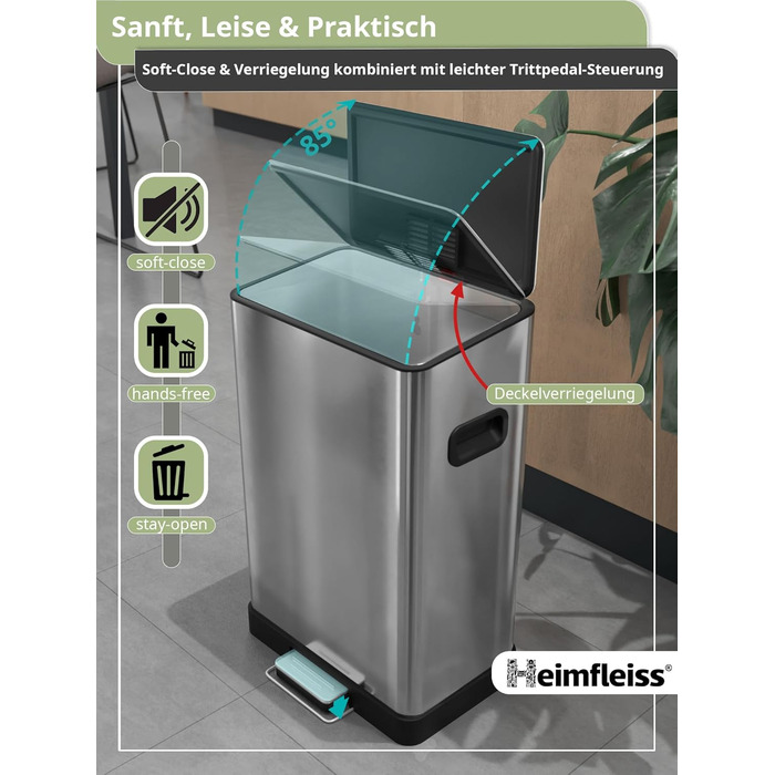 Відро для сміття Heimfleiss 50 л Педальне відро для сміття Дизайнерське прямокутне відро з нержавіючої сталі Сучасне відро для смі
