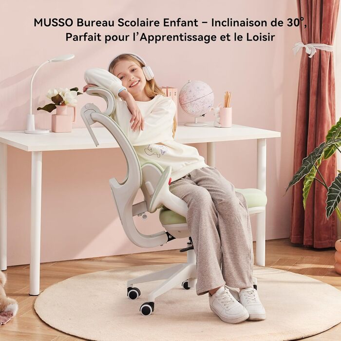 Дитяче письмове крісло MUSSO T30, ергономічне поворотне крісло з 3D-підтримкою поперекового відділу хребта/глибиною сидіння, 2D-підлокітниками/підголівником/поворотом 45, регулюванням висоти, сітчастим чохлом, підходить для школи, дитячої кімнати та викор