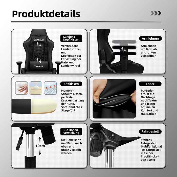 Геймерське крісло, офісне крісло з регульованою поперековою подушкою, підлокітниками та підголівником, функція гойдання ігрового крісла до 170, ігрове крісло зі зручними подушками сидіння, ігрове крісло вантажопідйомністю 150 кг