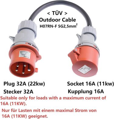 Перехідник CEE з вилки 32A на розетку 16A із захисною кришкою, 3 фази, 5 контактів, водо- та пилозахист IP44, портативний, підходить для промислового та приватного використання (32-16)