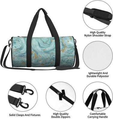 Спортивна сумка-мішок для подорожей, бірюзово-блакитна з золотистим малюнком мармур, чорна, універсальний розмір. Ідеально підходить для ночівлі.
