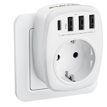 Розетка з декількома вилками EU адаптер 5-в-1 розетка розетка адаптер з 3 портами USB зарядного пристрою 2.4А, 1 портом Type-C 3А,