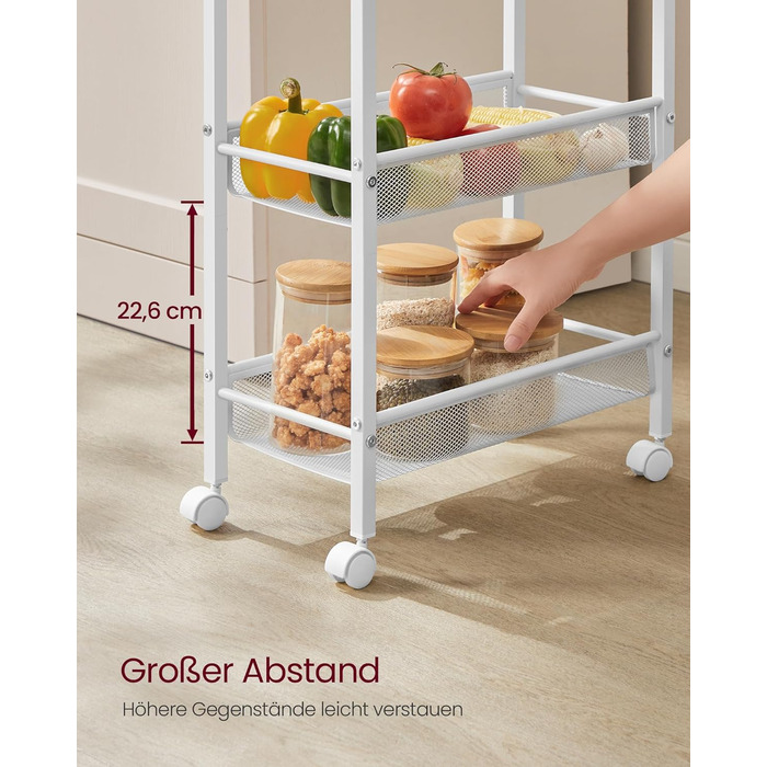 Ярусний візок на колесах, вузький кухонний візок, нішева полиця на колесах, сталь, ручка, для невеликих приміщень, 22 x 45,4 x 99,6 см, кухня, ванна кімната, вітальня, кабінет, дубово-білий LRC035W09 5 ярусів (22 x 45,4 x 99,6 см) дуб білий, 5-