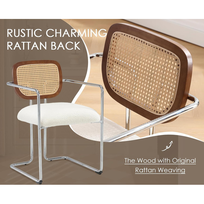 Обідні стільці, комплект з 2 шт. , ретро кухонні стільці зі спинкою з ротанга, м&39які обідні стільці з металевим каркасом та штучним хутром, для їдальні, вітальні, кухні, спальні, холу, білі 2 білі