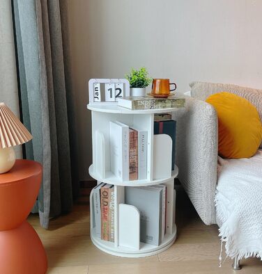 Обертова книжкова полиця Heehee з масиву дерева, підлогова полиця для зберігання на 360 градусів для дітей та дорослих, багатофункціональний органайзер для книжкової полиці (2-рівневий білий)