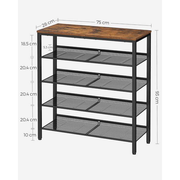 Взуттєва полиця, для зберігання взуття, 5 рівнів, велика площа поверхні, регульовані дротяні полиці, компактна для передпокою, металева, індустріальний стиль, вінтажний коричневий-чорний LBS038B01 Вінтажний коричневий чорний 5 рівнів (28 Г x 75 Ш см)