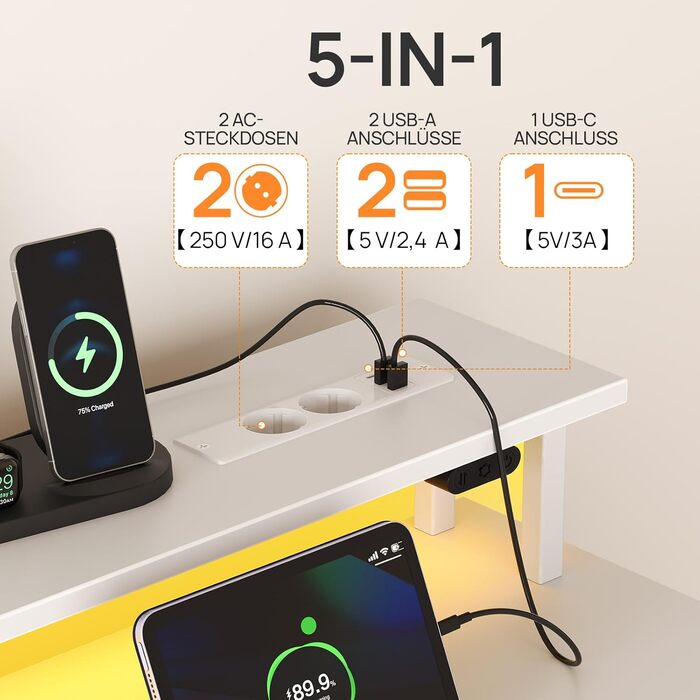 Письмовий стіл Rolanstar з розеткою, комп&39ютерний стіл з 5 шухлядами, світлодіодним освітленням, сумкою для зберігання та підставкою для монітора, сучасний кутовий стіл для домашнього офісу та ігор (білий)